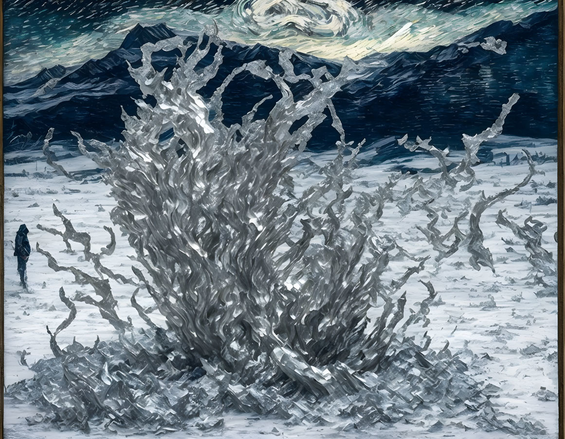 Surreal landscape with ghostly tree-like forms under swirling night sky