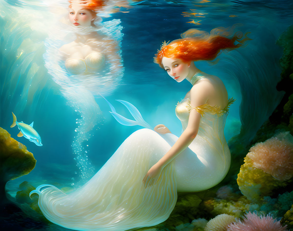 Ethereal mermaids with golden accents in vibrant underwater scene