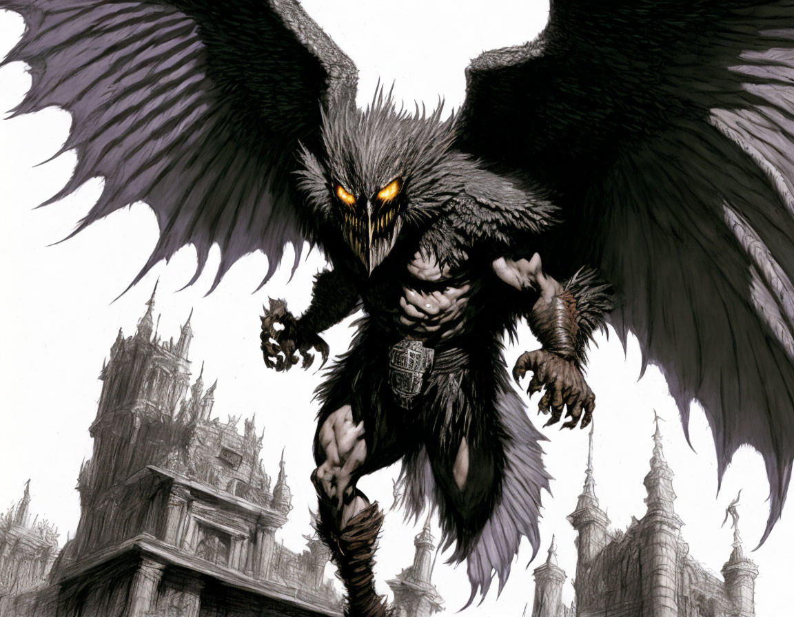 Muscular winged creature with glowing eyes and sharp talons in front of dark spires