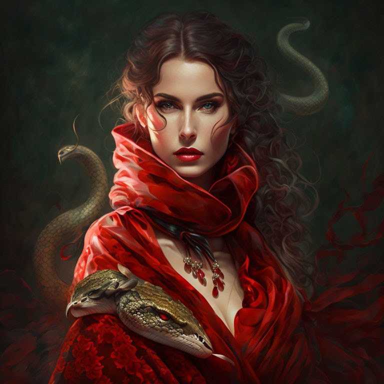 Woman with green eyes and red cloak entwined with serpents.