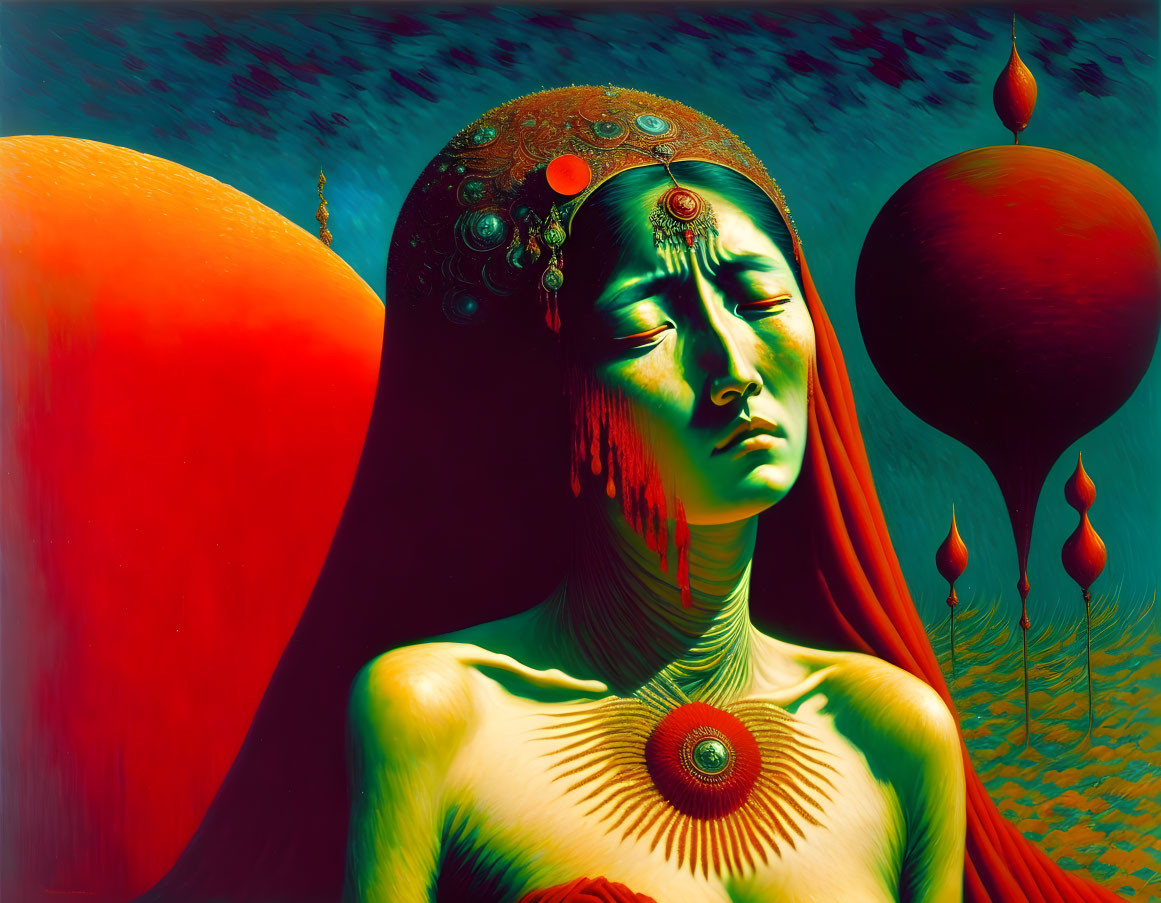 Surrealist painting: Closed-eyed figure with red orbs on green background