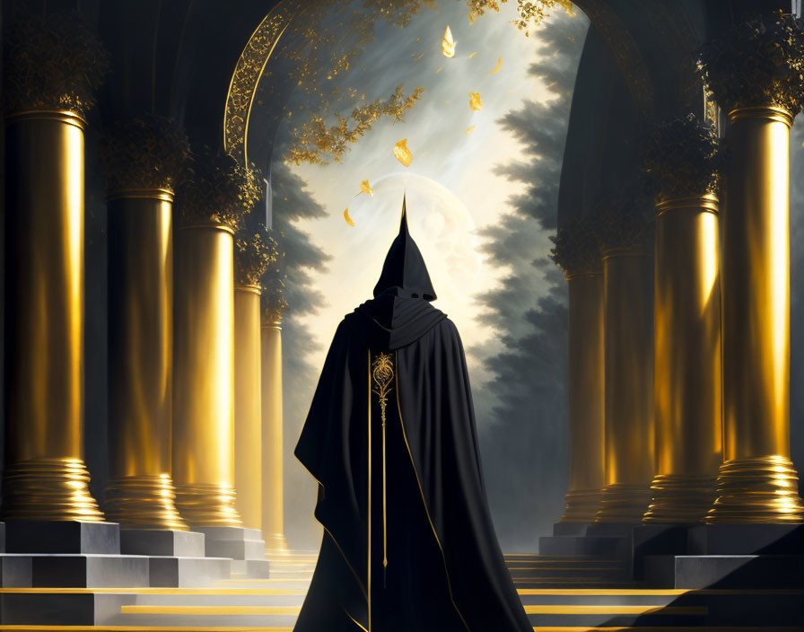 Cloaked figure in majestic hall with sunlit archway