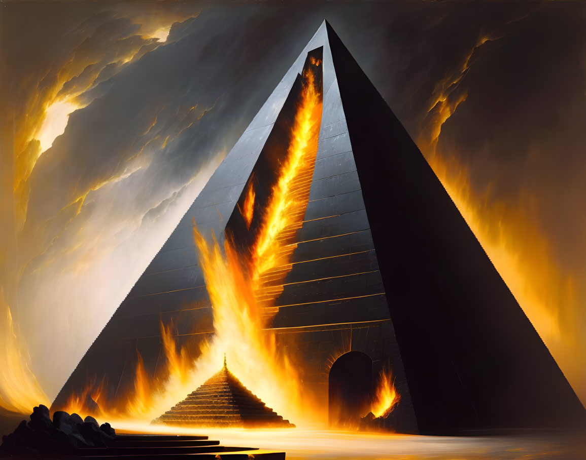 Pyramid with fiery blaze under stormy sky