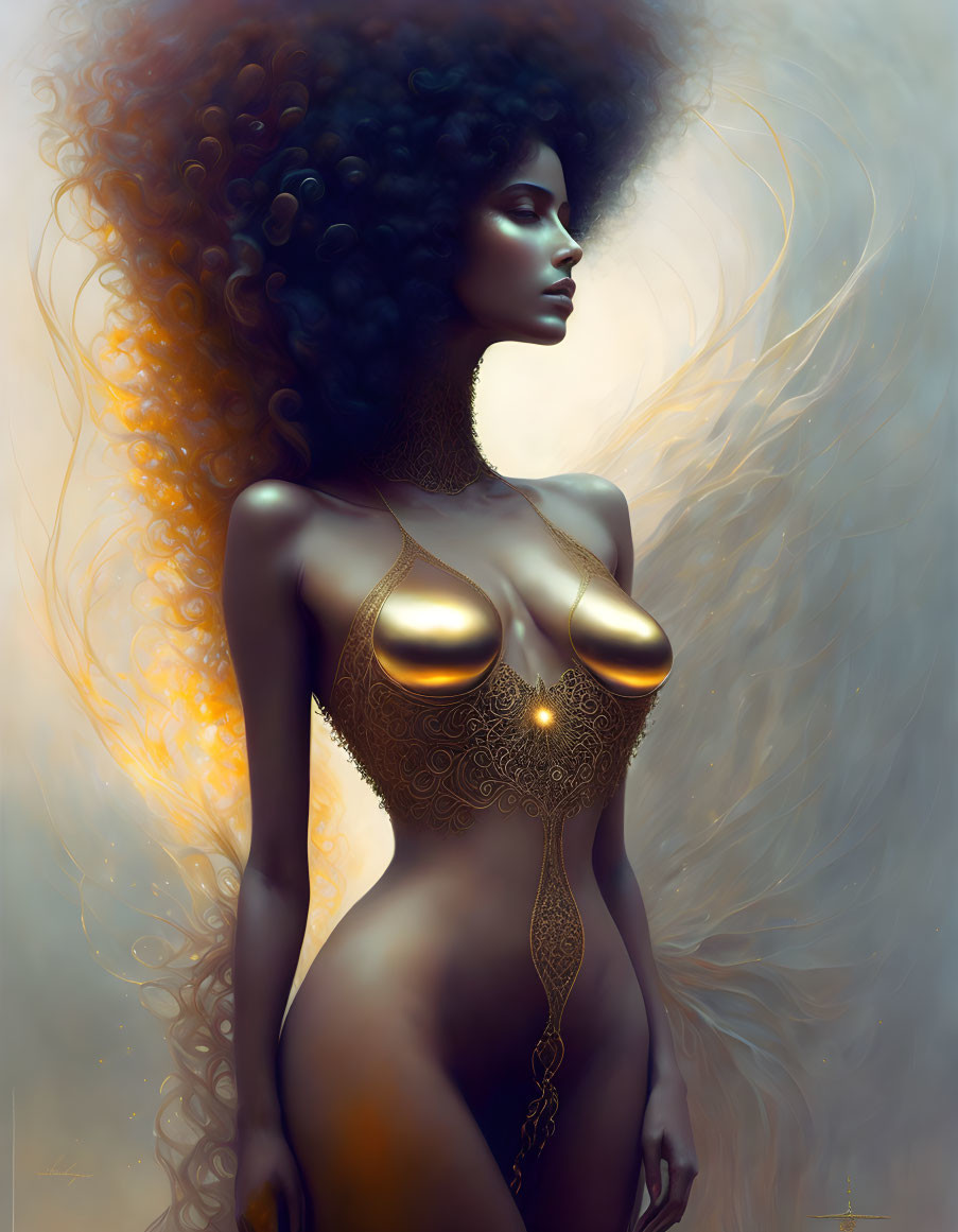 Illustrated Woman with Voluminous Curly Hair and Golden Body Jewelry