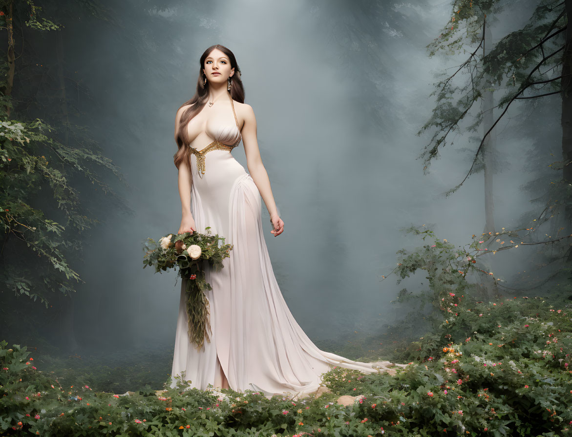 Woman in elegant dress in mystical forest with bouquet and foggy atmosphere