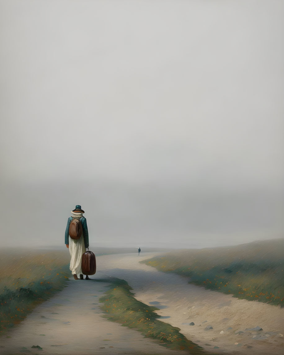 Person in hat walking on foggy path with distant figure