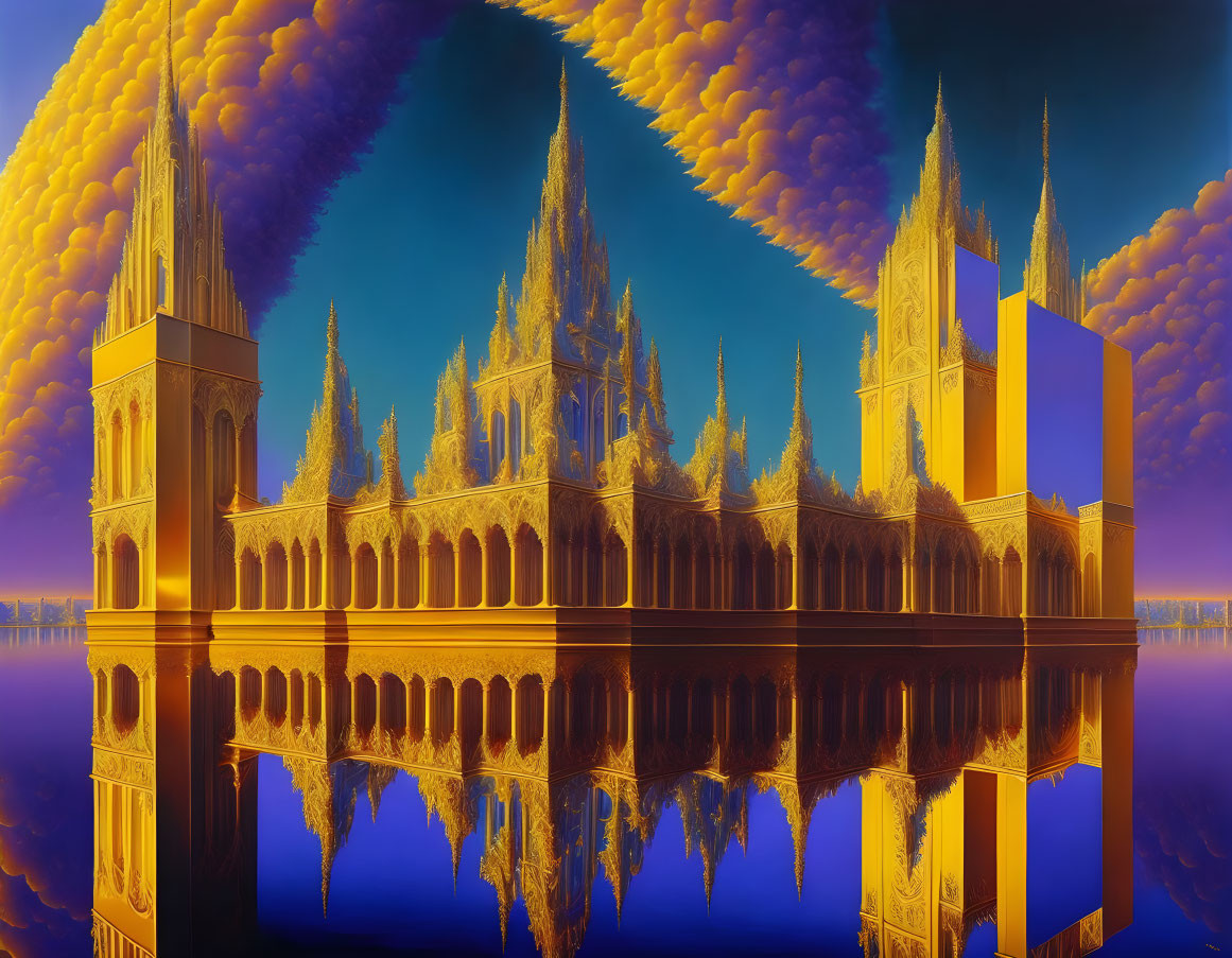 Gothic cathedral reflected in calm water under orange twilight sky