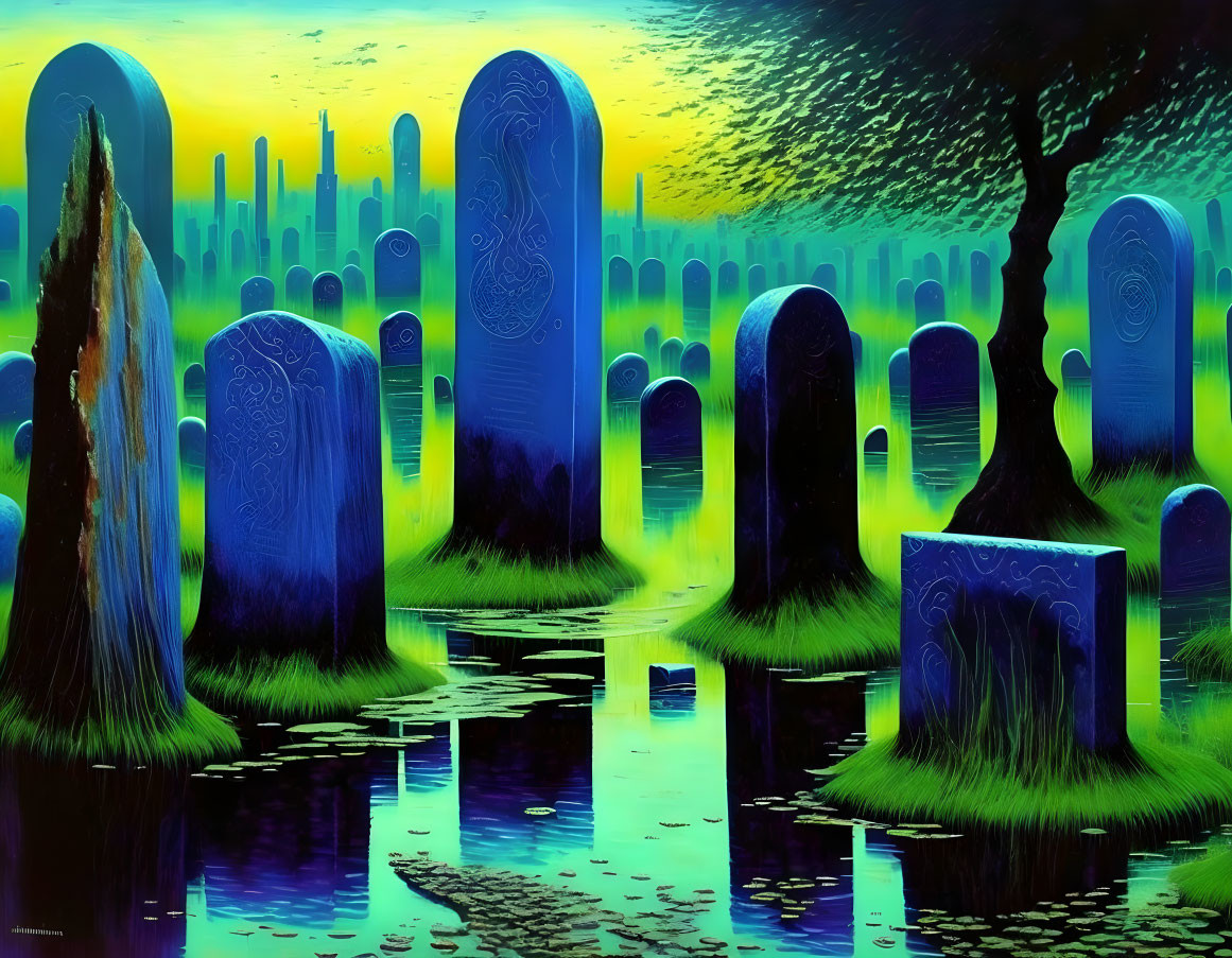 Fantastical graveyard scene with luminescent blue tombstones and lush greenery