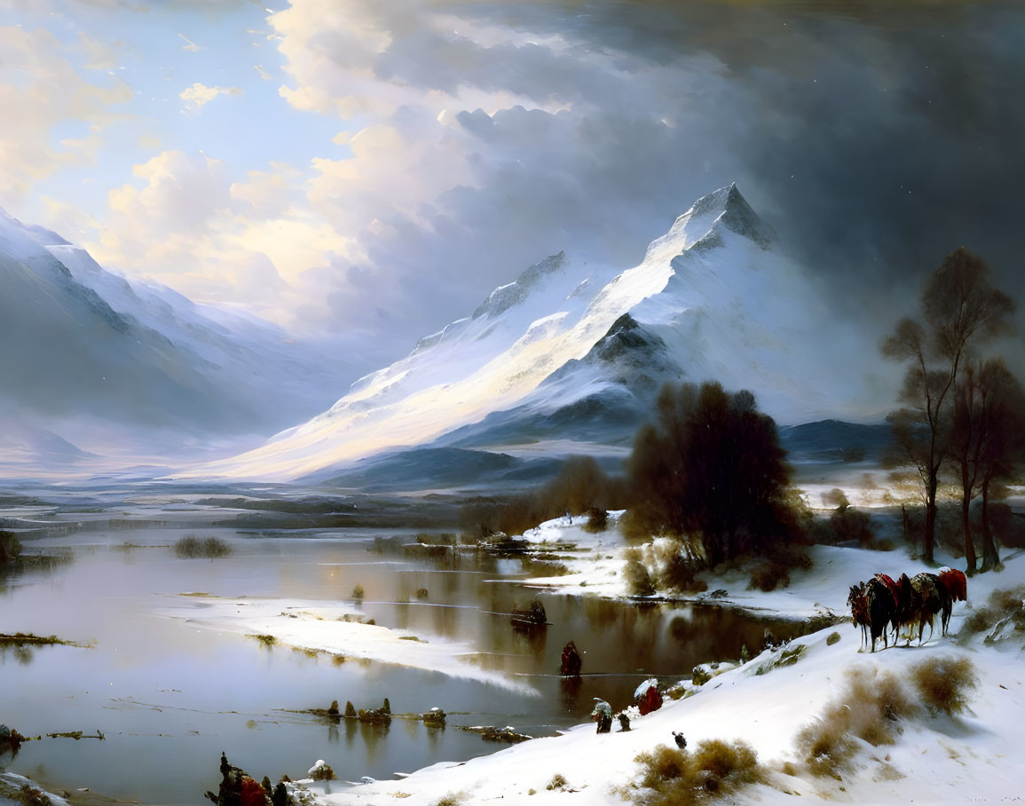 Serene lake with snow-capped mountains, moody sky, group with horses by water's edge