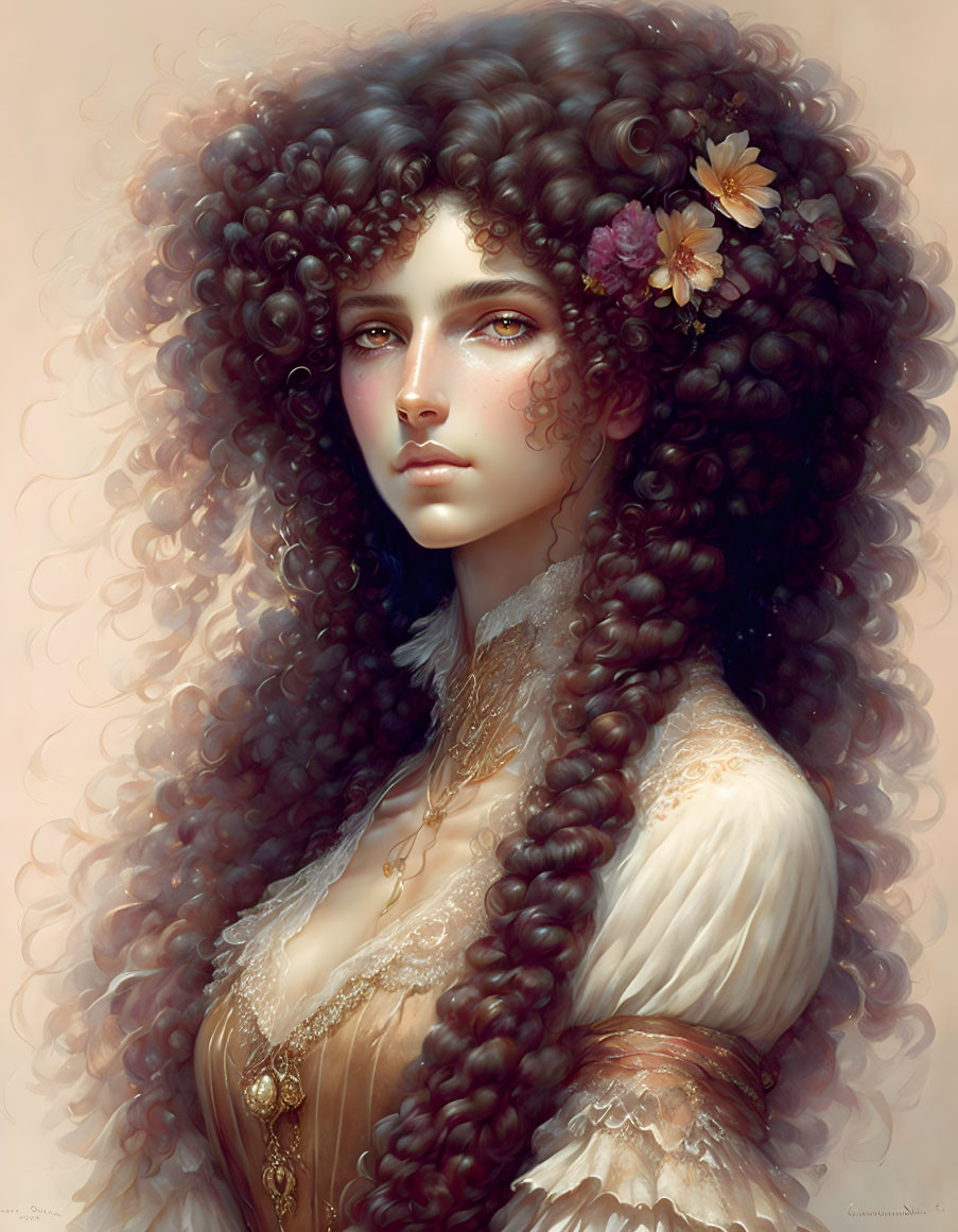 Detailed portrait of a woman with curly hair, green eyes, freckles, and Victorian attire