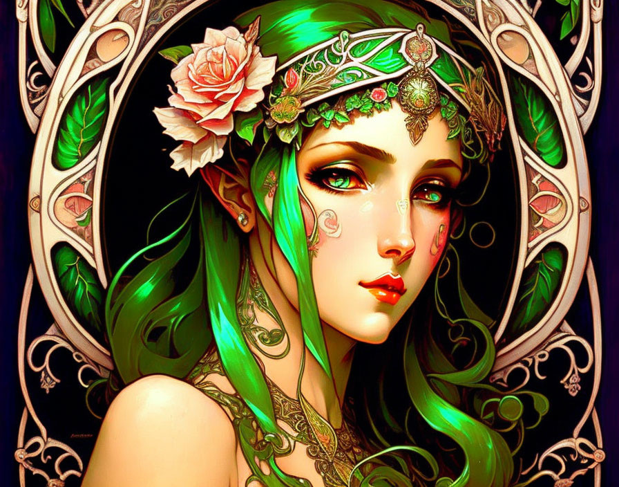 Illustrated female with green hair and floral headpiece in circular frame with rose accent.