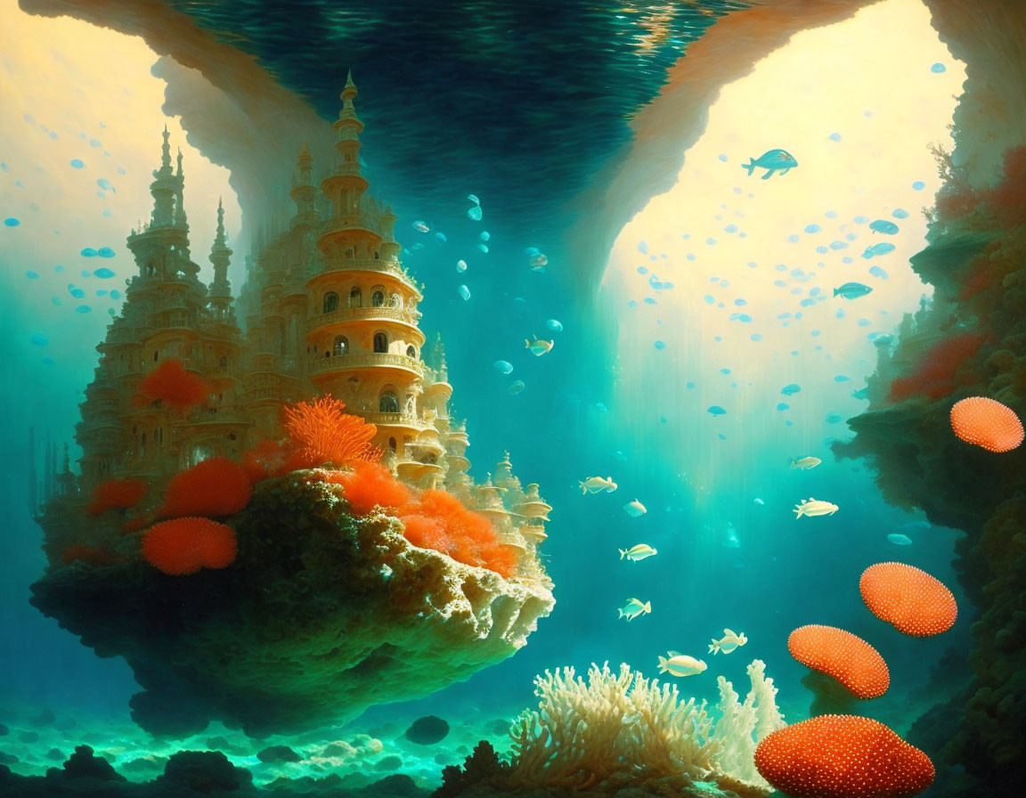 Fantastical underwater castle surrounded by coral and fish