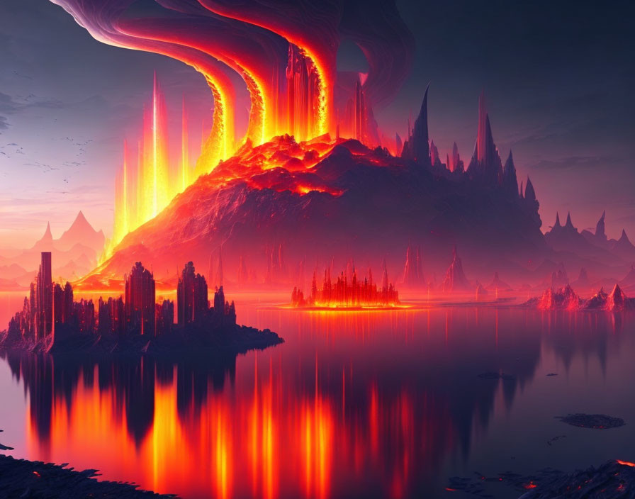 Fantastical landscape with glowing lava waterfall at sunset