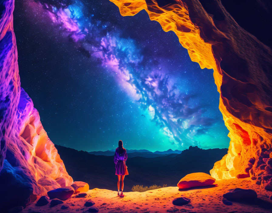 Person standing at cave entrance under vibrant starry sky