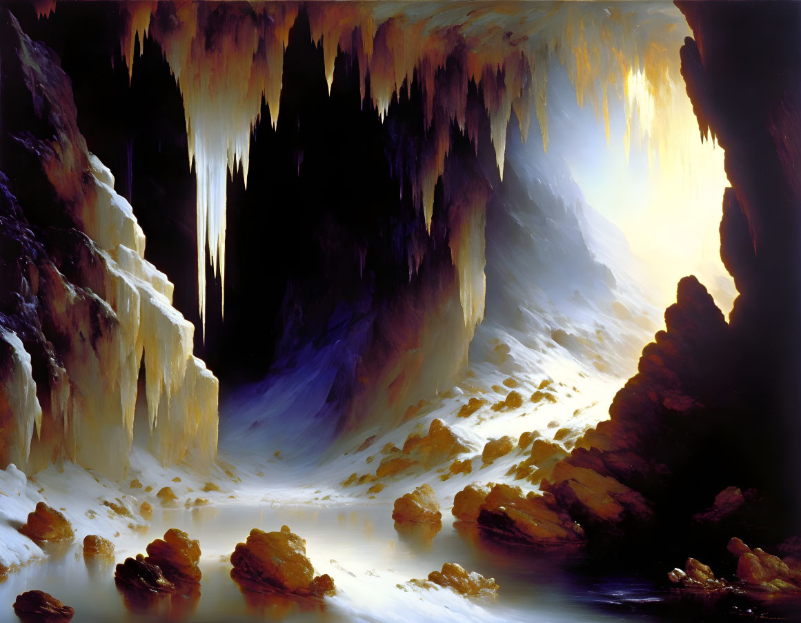 Subterranean landscape with stalactites, reflective pool, and warm light source