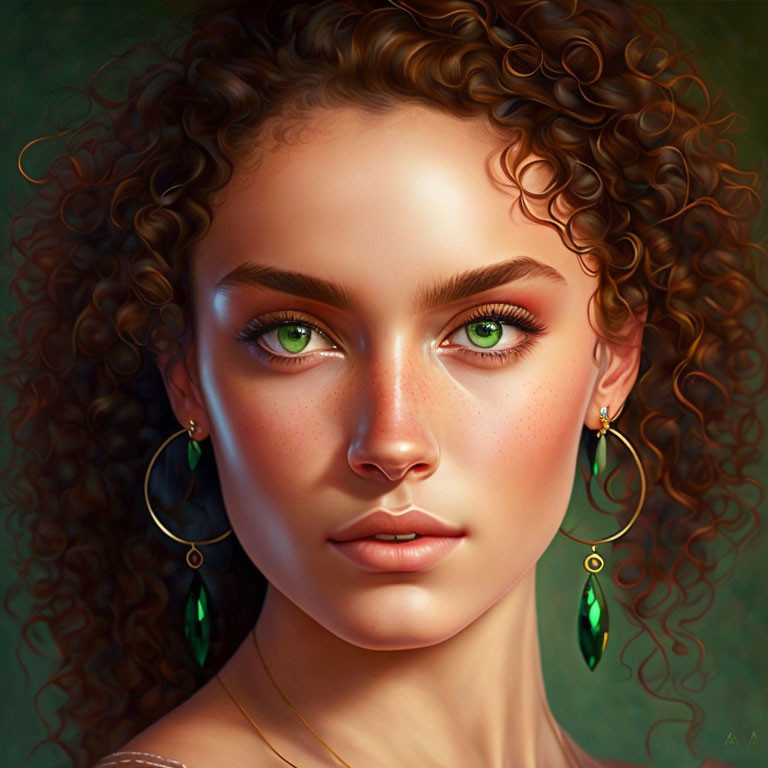 Woman portrait with curly hair and green eyes on green background