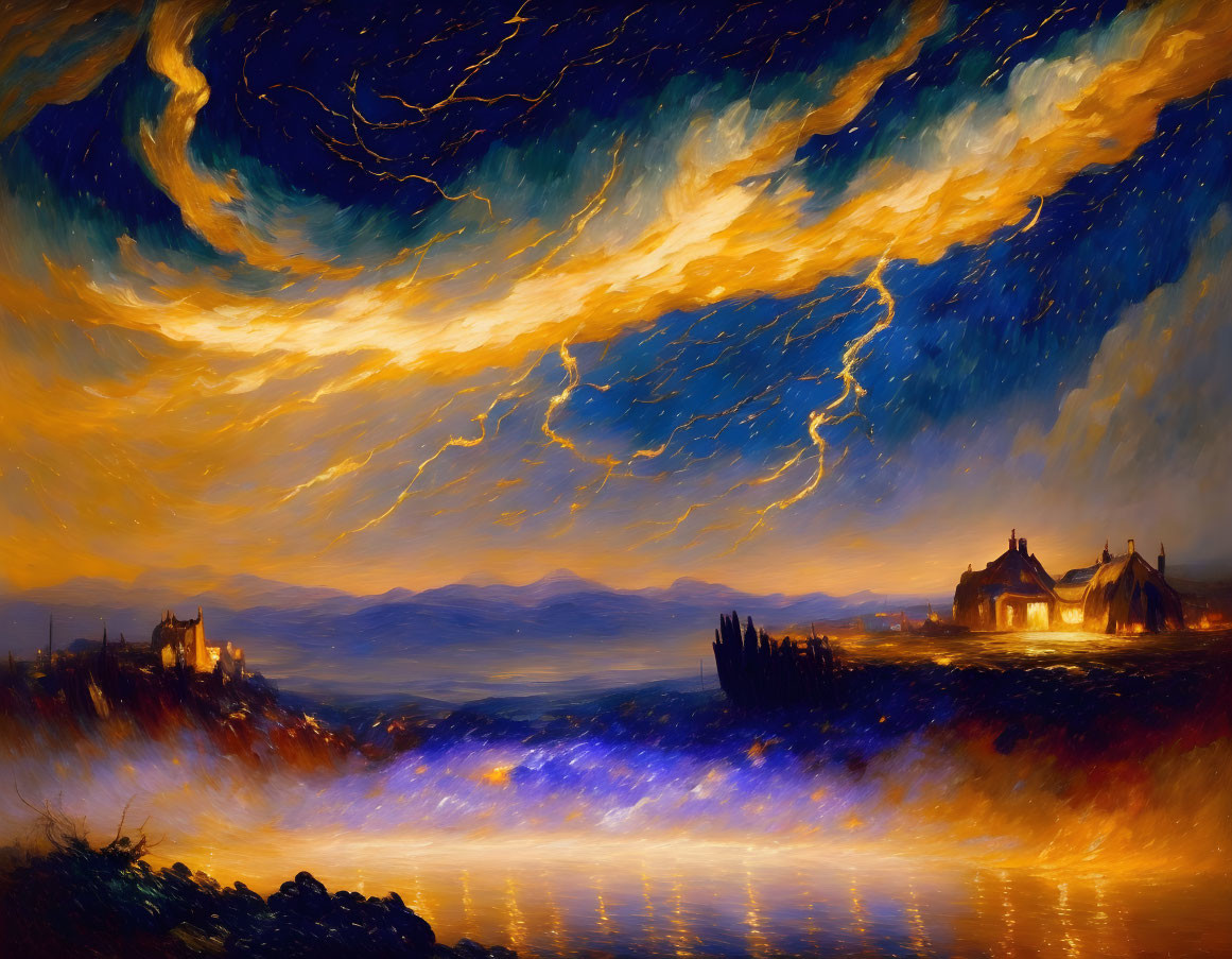 Vibrant painting of starry sky over tranquil village