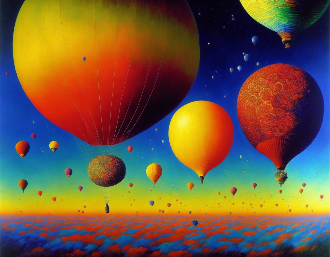 Vibrant hot air balloons in starry sky scene