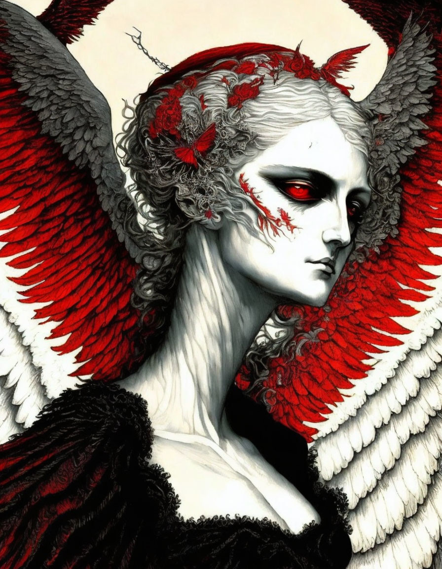 Pale figure with red eyes, white hair, red adornments, horns, and wings