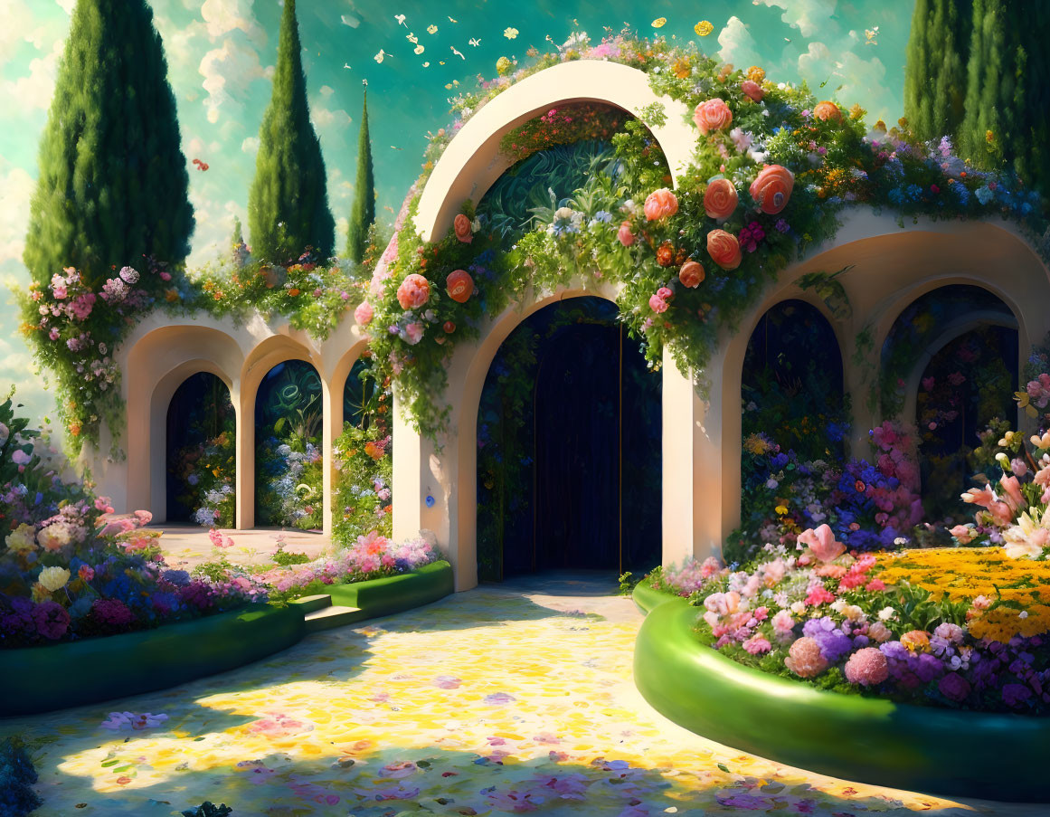 Blooming garden with arched doorway and lush trees