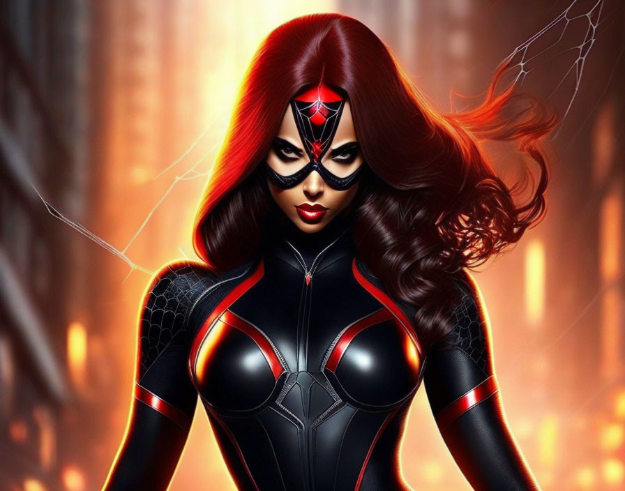 Red-haired female superhero in spider-themed black costume with white spider symbol