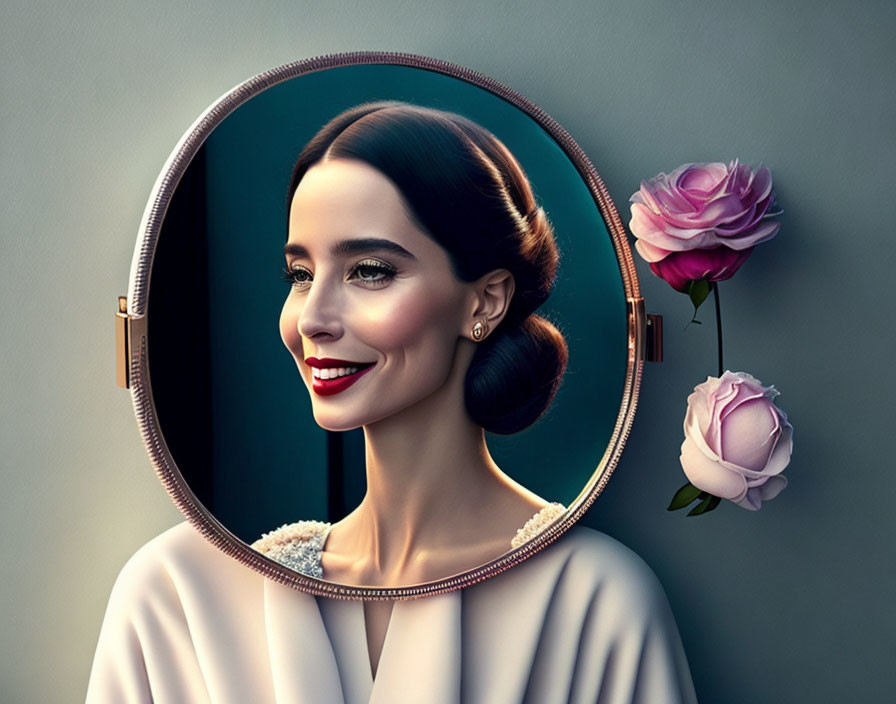 Elegant woman with makeup and roses in oval mirror.