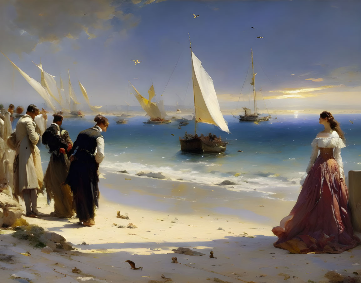 19th-Century Beach Scene with Sailboats and Elegantly Dressed Figures