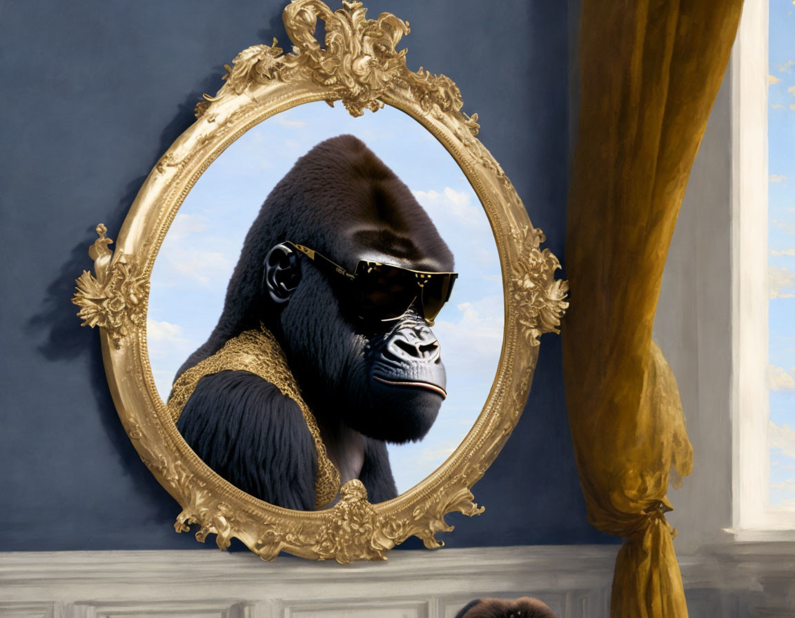 Realistic gorilla in sunglasses painting with gold mirror frame and blue sky backdrop