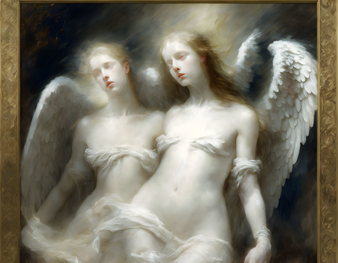 Ethereal angelic figures in soft focus against misty golden backdrop