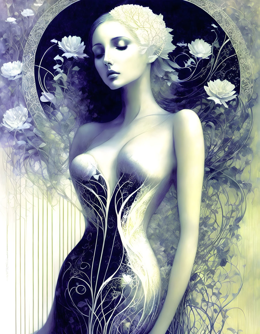 Ethereal woman surrounded by white roses and vines on gradient background