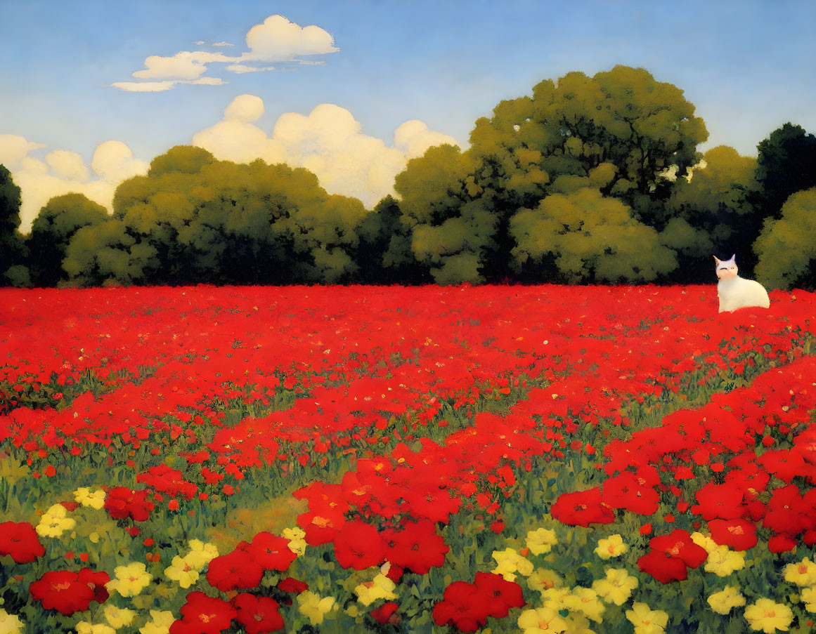 White Cat in Red Poppy Field with Blue Sky