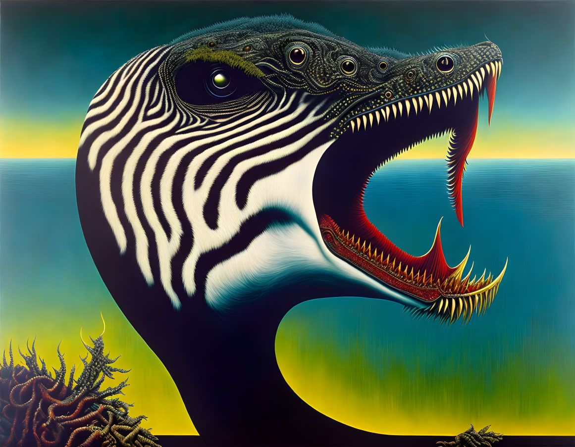 Surreal zebra-striped creature with multiple eyes and sharp teeth on gradient background.