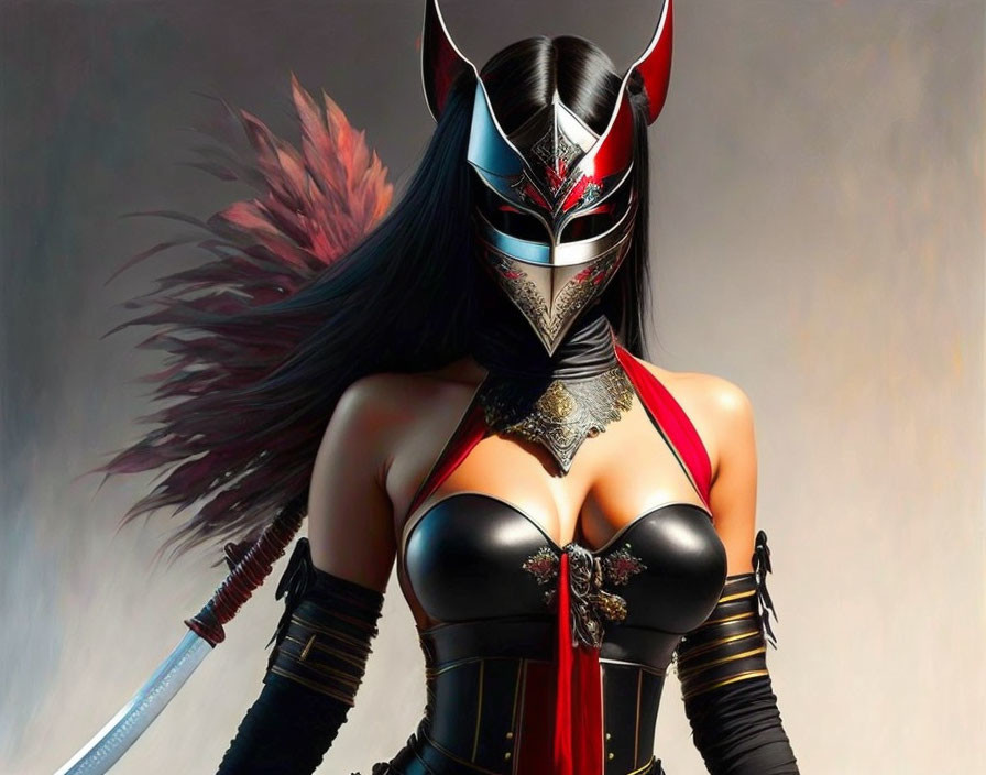 Female warrior in black and red armor with horned helmet and katana