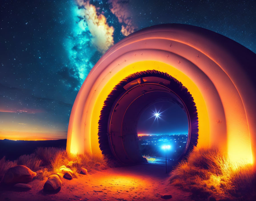 Futuristic tunnel under starry night sky with city lights and Milky Way