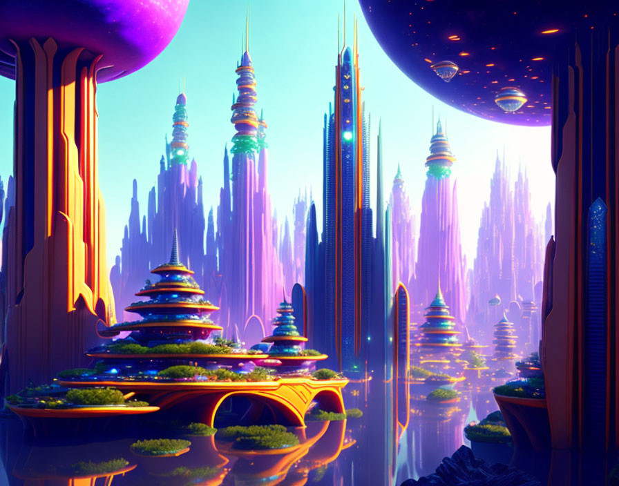 Futuristic cityscape with vibrant purple and blue hues, towering spires, floating platforms, and