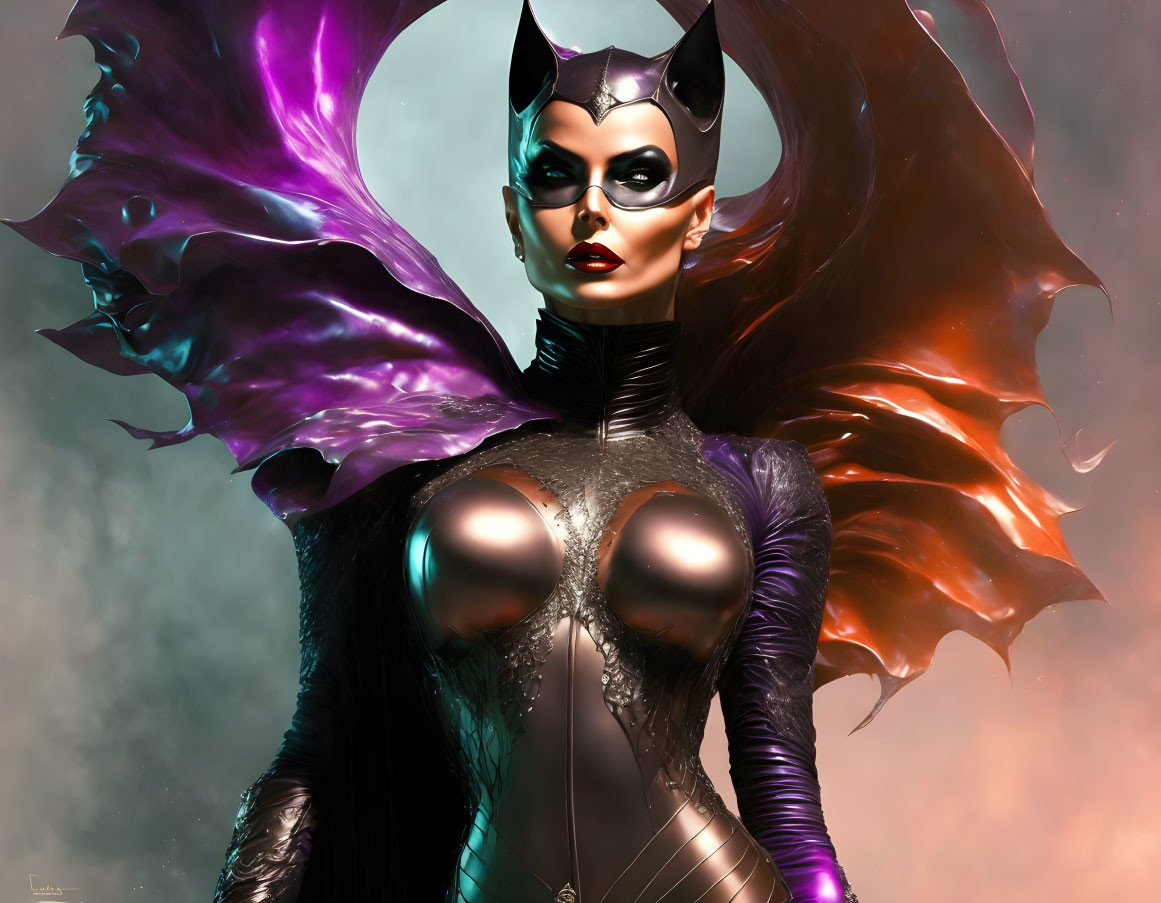 Female character in bat-like suit with metallic accents and colorful cape