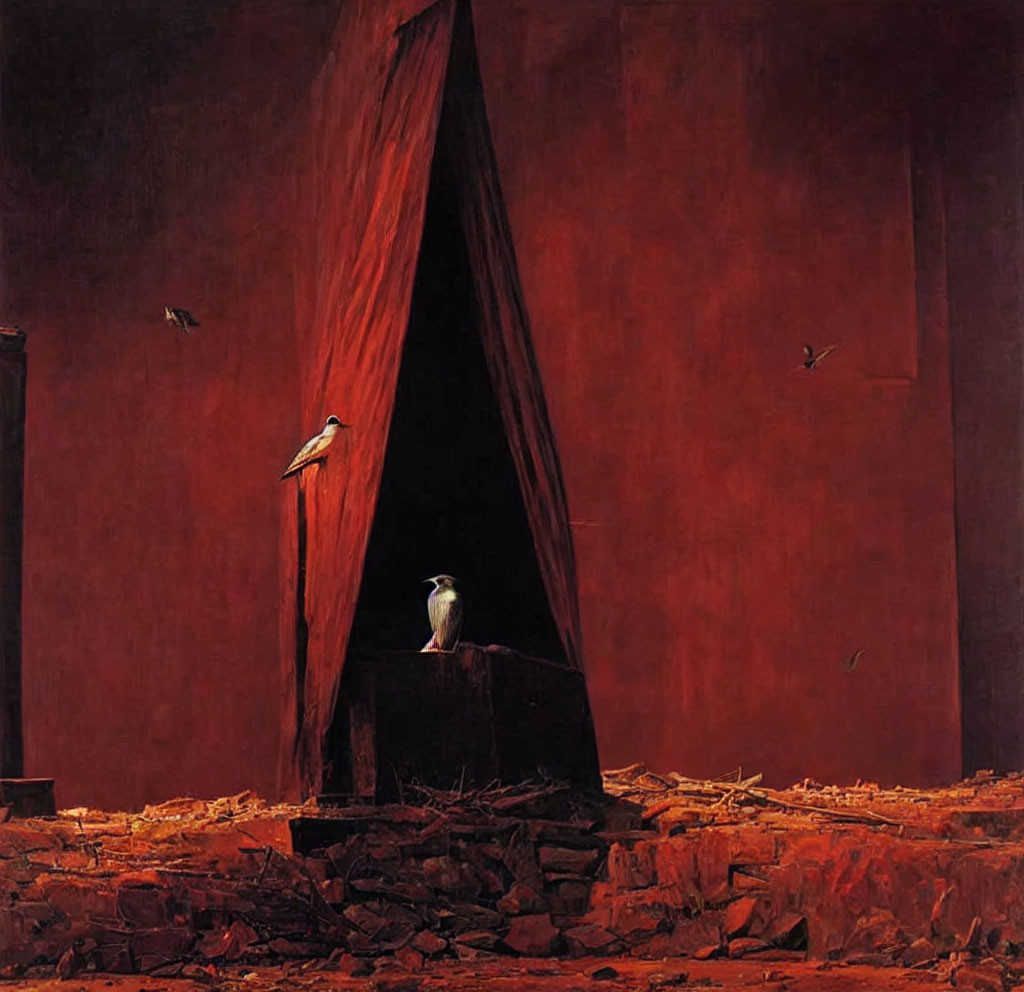 Surreal painting of black monolith with red curtain, birds, and desolate landscape