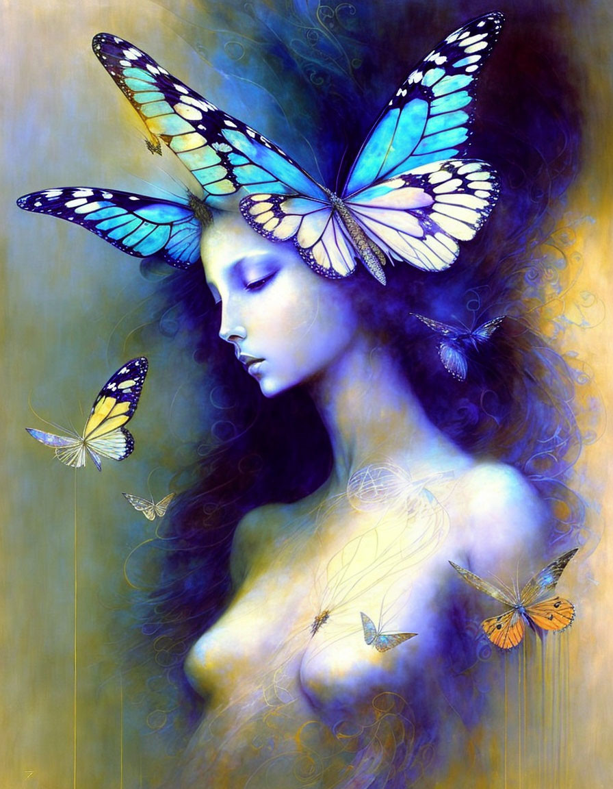 Mystical artwork of woman with butterfly wings and butterflies on soft blue and yellow background