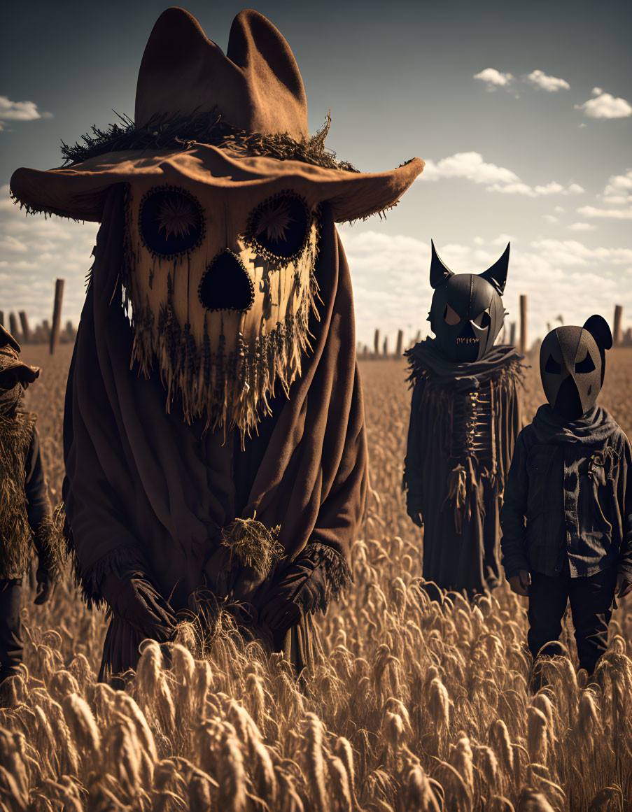 Spooky scarecrows in wheat field under cloudy sky