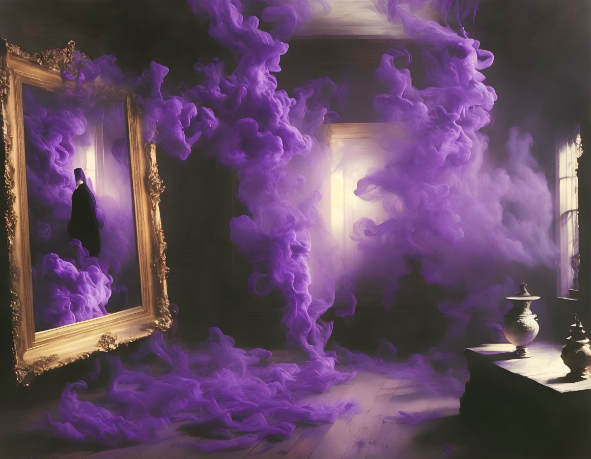 Purple smoke-filled dimly lit room with empty frame and vase.