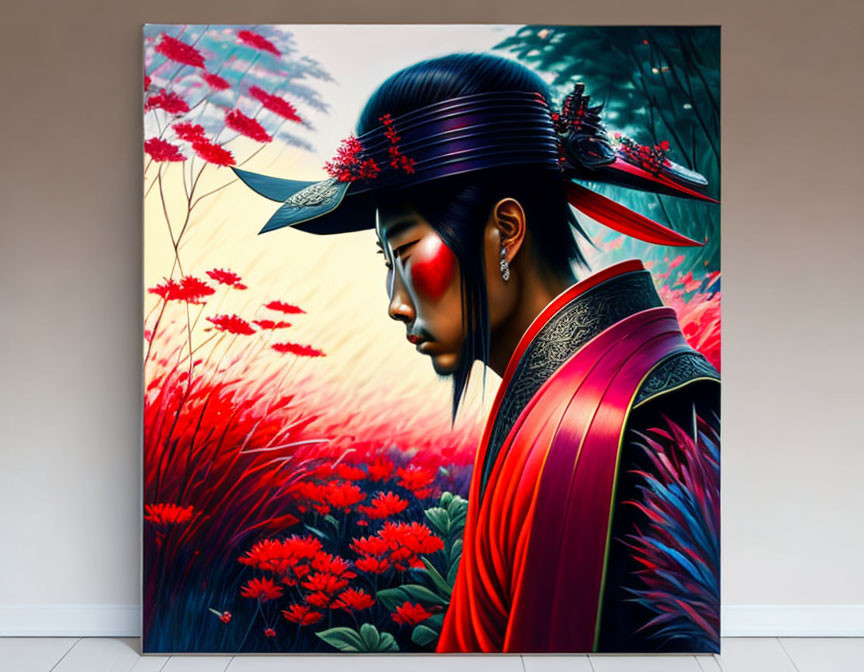 Digital painting of person in Asian attire surrounded by red flowers and green foliage