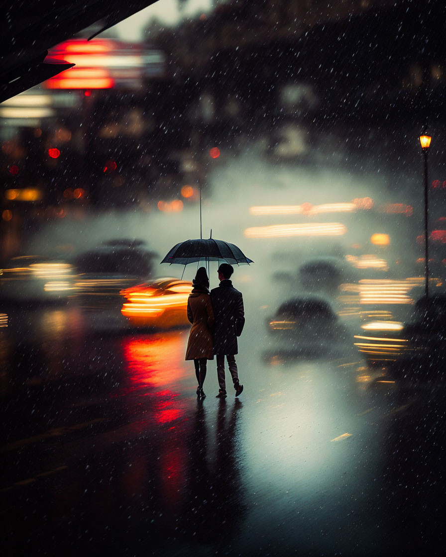 Couple under umbrella in rain-soaked city street at night