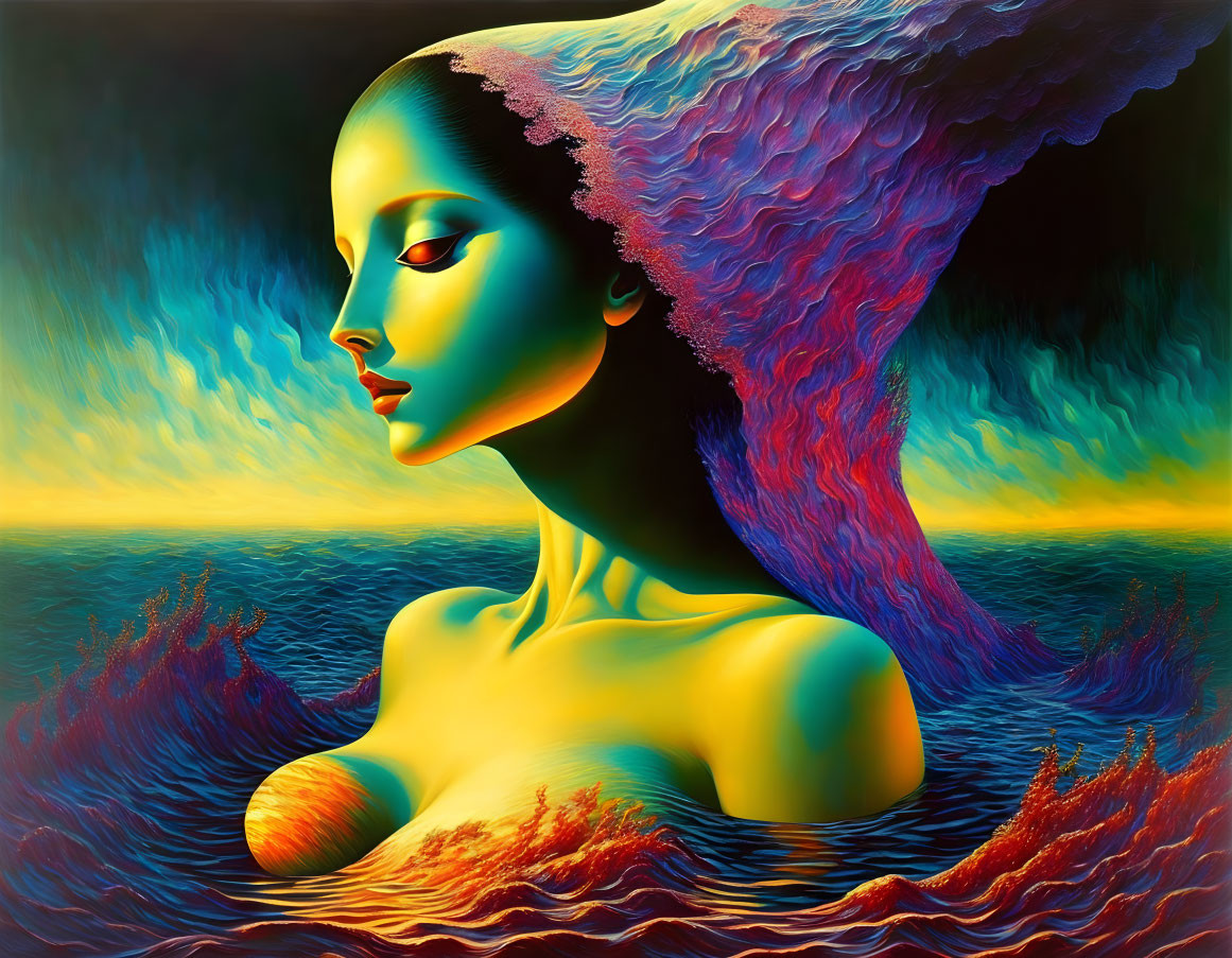 Surreal painting: Woman integrated with sea and sunset.