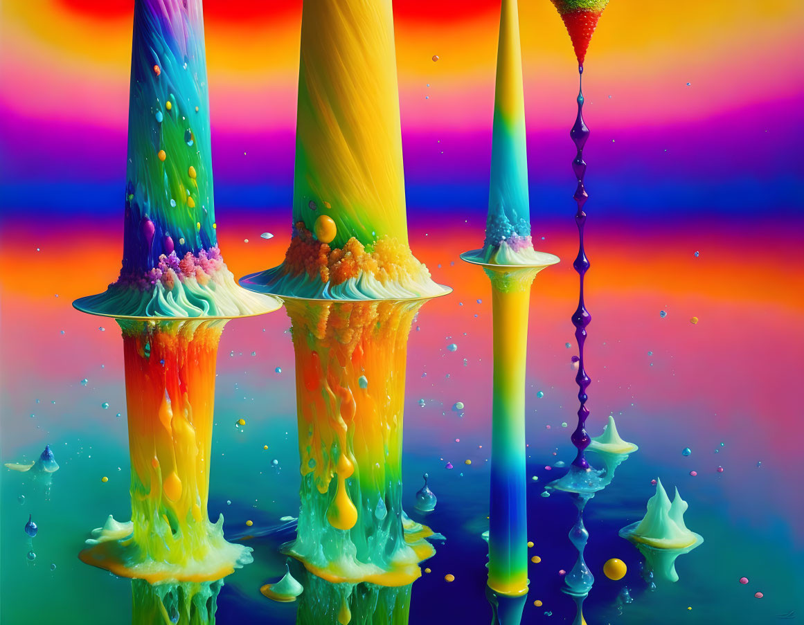 Colorful Liquid Streams Splashing on Rainbow Gradient Background