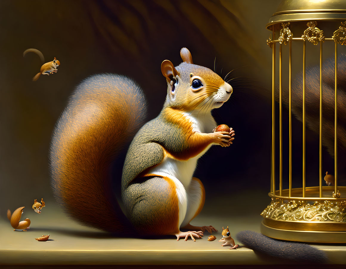 Realistic squirrel illustration with nut, golden cage, and moody background