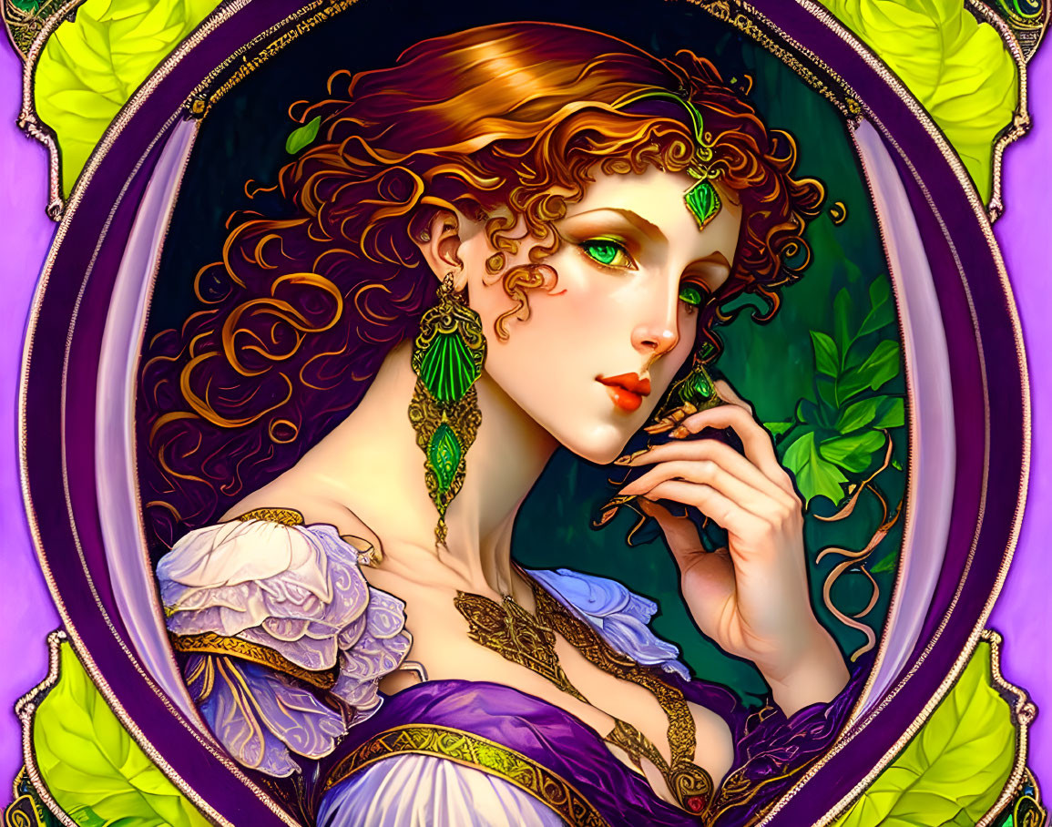 Stylized illustration of woman with auburn hair and green jewelry in ornate purple and gold