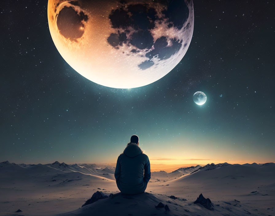 Person sitting on rock gazes at surreal moon and celestial body over snow-covered mountains