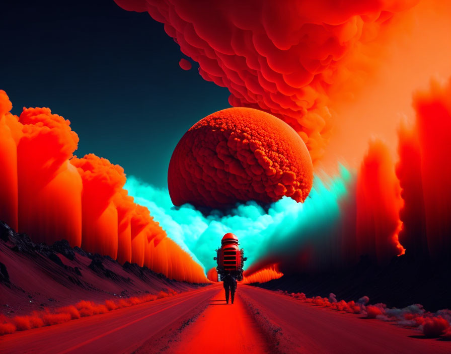 Surreal image: person on road to giant sphere with vibrant clouds