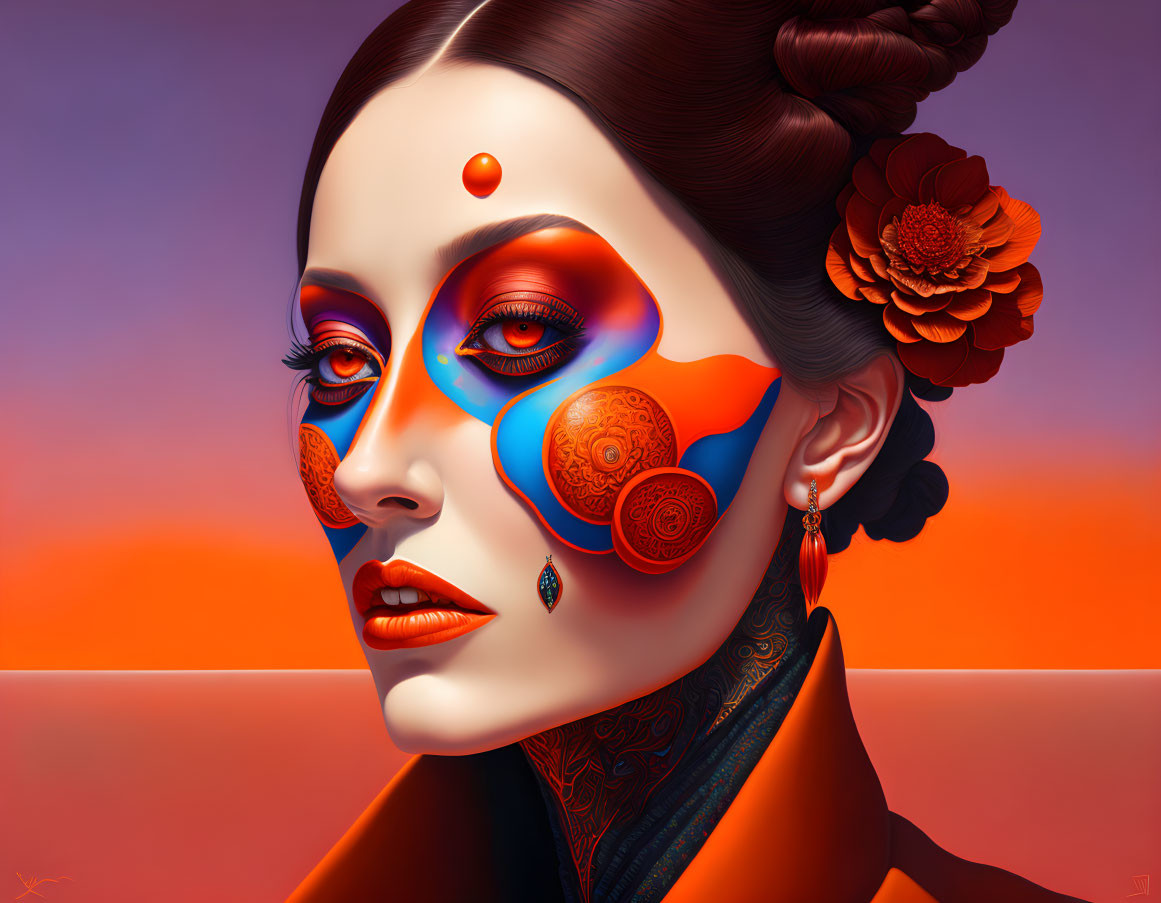 Vibrant woman with orange-red face paint and floral hair accessory