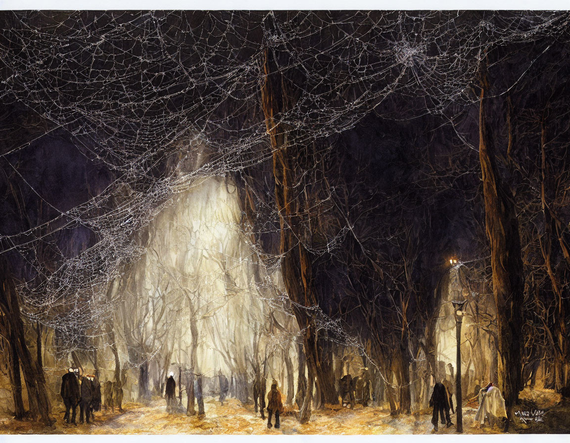 Winter night forest scene with glowing light and walking figures